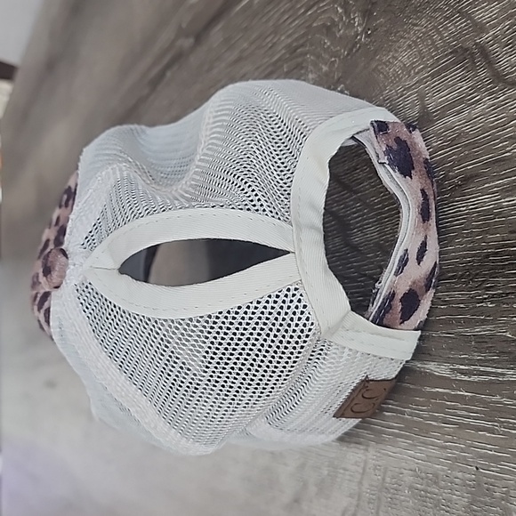 C.C Exclusives Leopard Print Mesh Trucker Dad Hat with Messy Bun Ponytail Hole - Picture 4 of 8